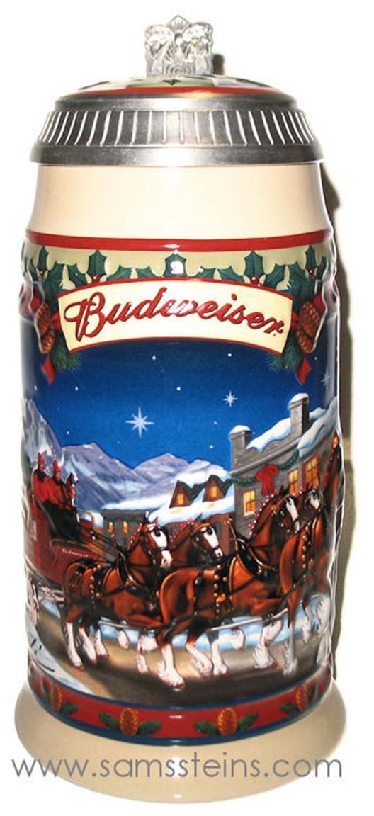 2003 Budweiser Holiday Stein "Old Towne Holiday" Ceramarte of Brazil Clydesdales 