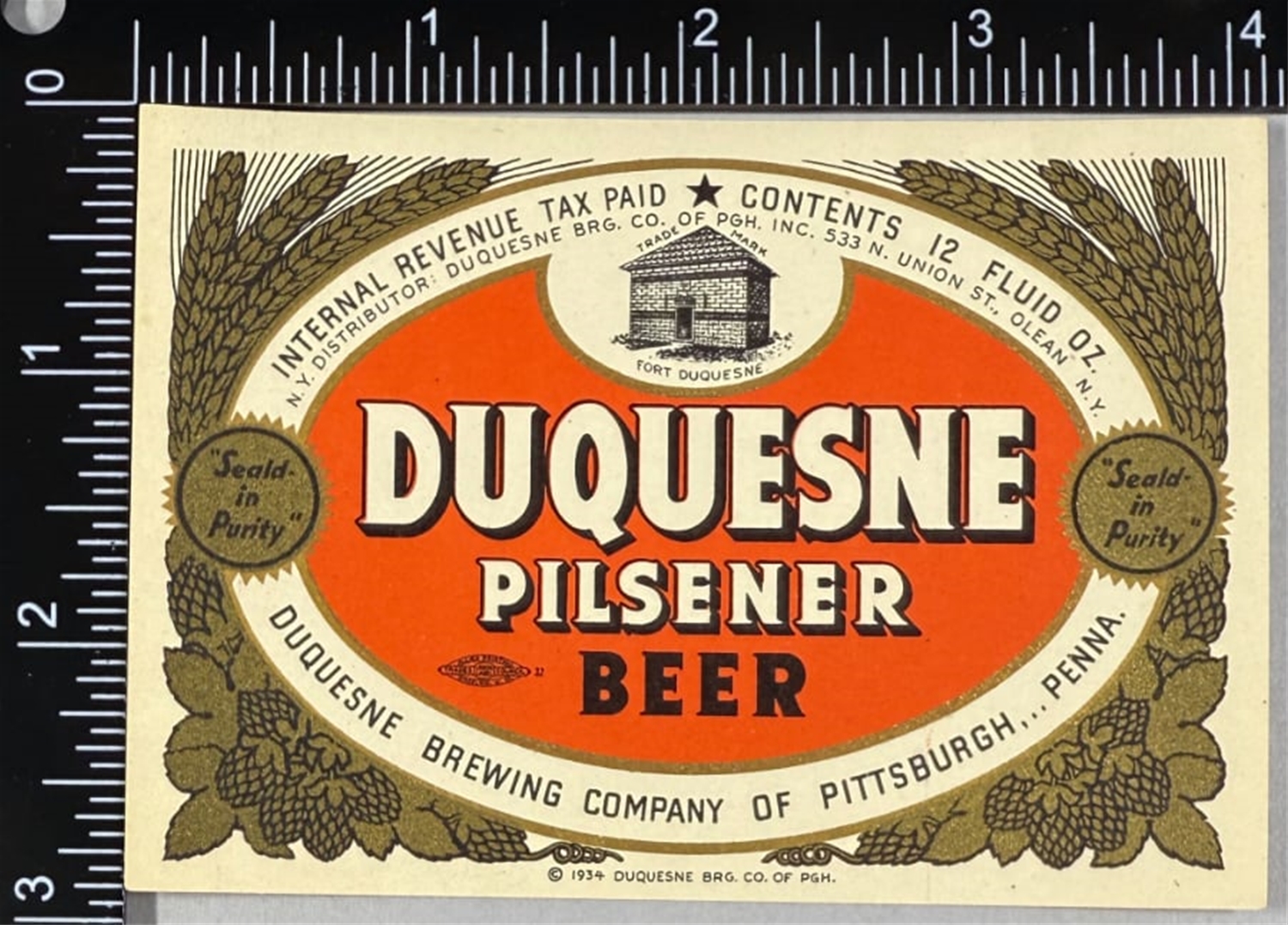 Duquesne Pilsener Beer IRTP Label ©1934