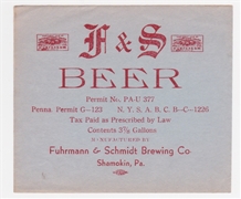 Unused 1950s PENNSYLVANIA Shamokin Fuhrman Schmidt F&S BOCK BEER 12oz Label