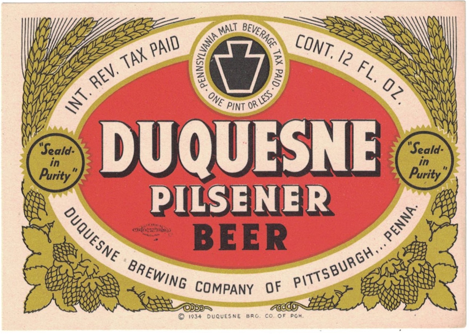 Duquesne Pilsener Beer IRTP Label ©1934 