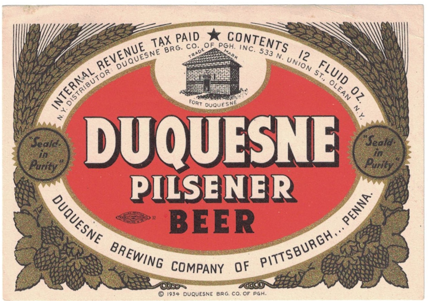 Duquesne Pilsener Beer IRTP Label ©1934