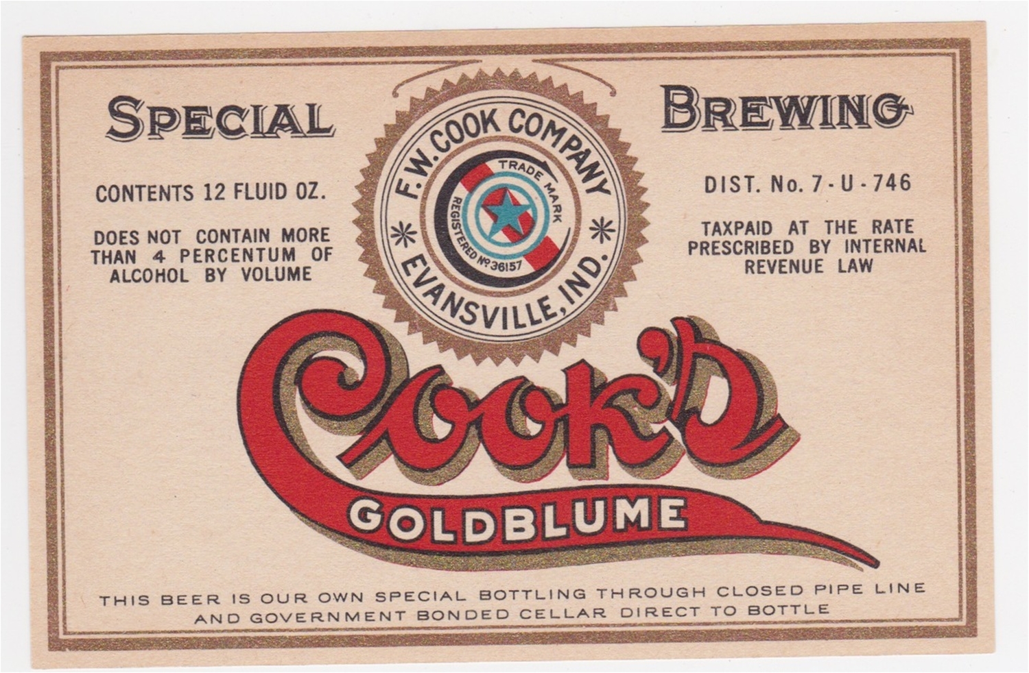 Cook's Goldblume IRTP Beer Label