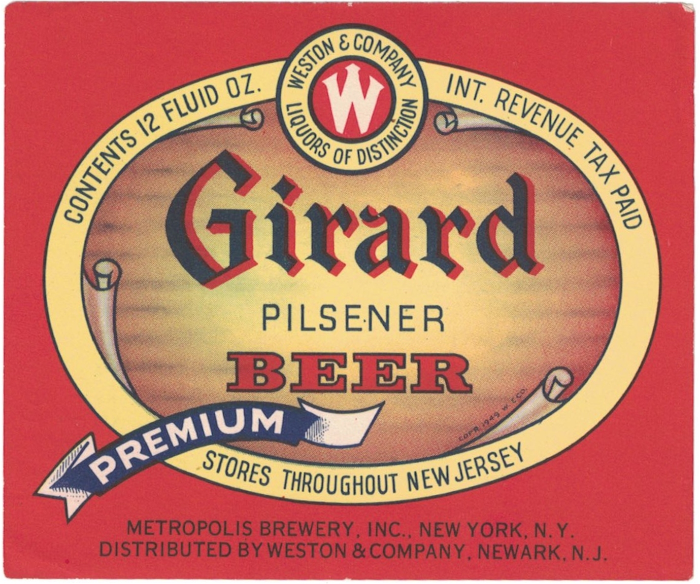 Girard Pilsener Beer IRTP Label