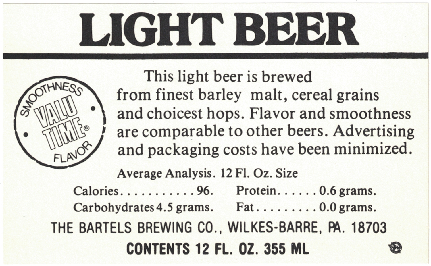 Valu Time Light Beer Label