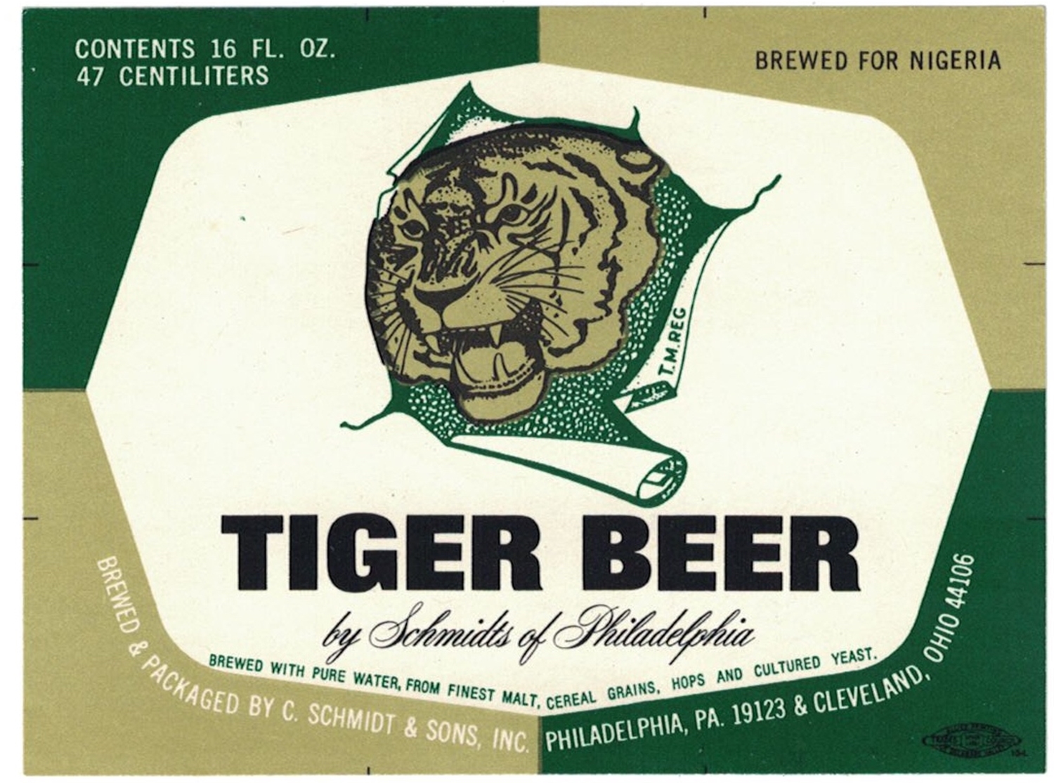Tiger Beer Schmidt of Philadelphia Beer Label