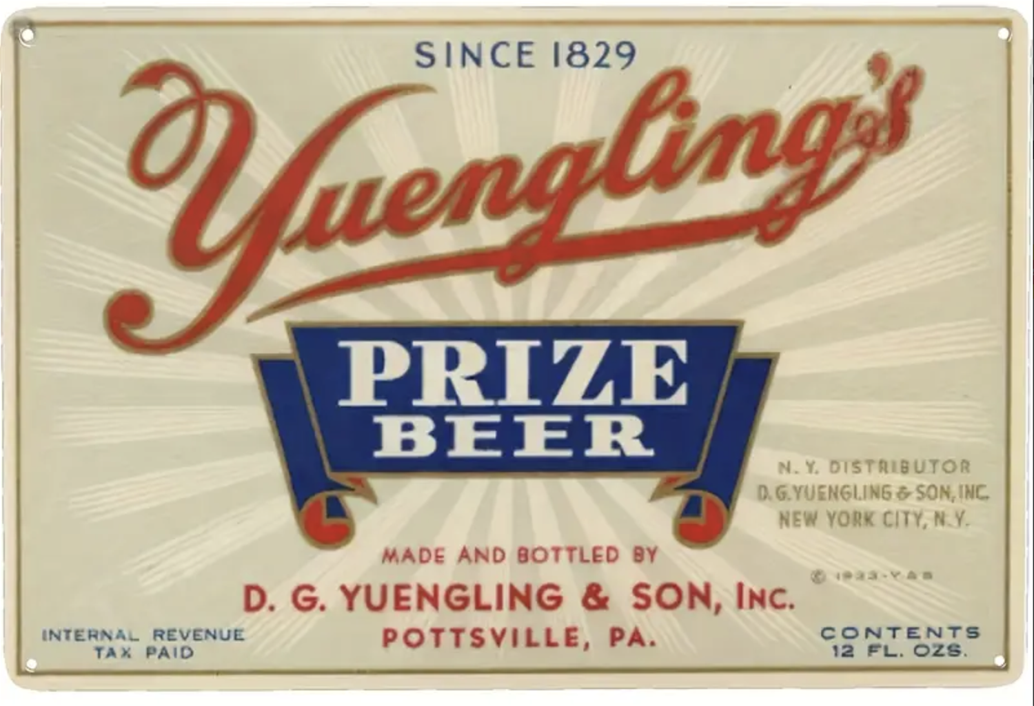 Yuengling Prize Beer Metal Sign