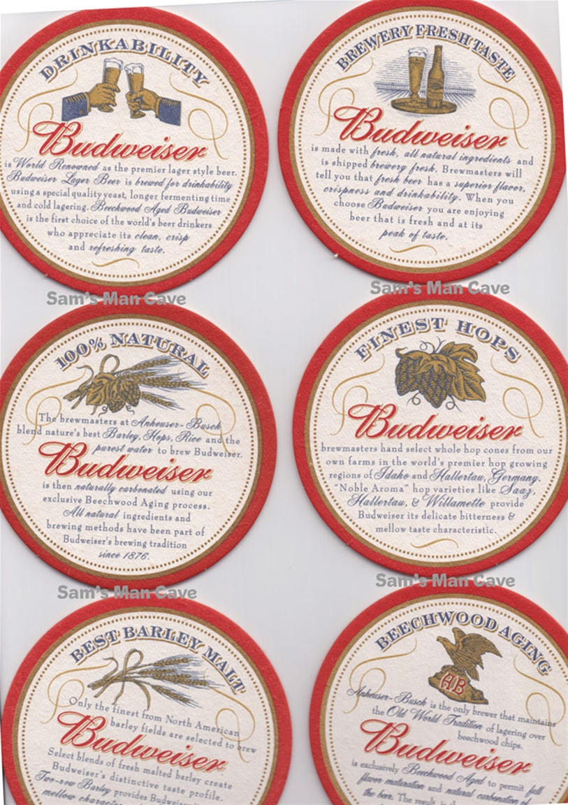 Budweiser Ingredients Beer Coasters Set of Six
