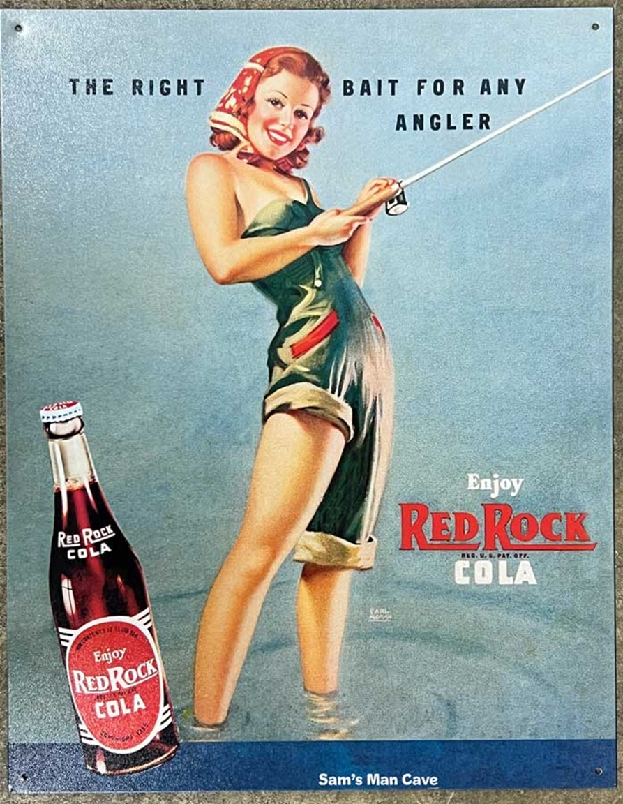 Red Rock Cola Girl Fishing Tin Sign